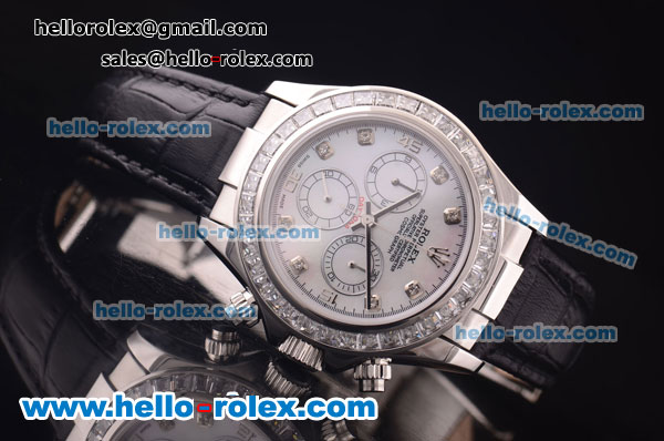 Rolex Daytona Chronograph Swiss Valjoux 7750 Automatic Steel Case with Diamond Bezel/Markers and MOP Dial-Black Leather Strap - Click Image to Close