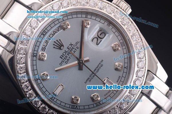 Rolex Day-Date Oyster Perpetual Chronometer Automatic with Light Blue Dial and Diamond Bezel-Diamond Marking-Small Calendar - Click Image to Close