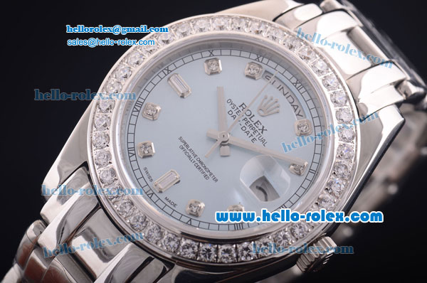 Rolex Day-Date Oyster Perpetual Chronometer Automatic with Light Blue Dial and Diamond Bezel-Diamond Marking-Small Calendar - Click Image to Close