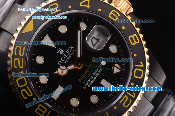 Rolex GMT Master II Swiss 3186 Automatic Full PVD with Gold Bezel and Black Dial - Click Image to Close