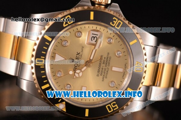 Rolex Submariner Swiss ETA 2836 Automatic Yellow Gold Case with Yellow Gold Dial and Dot Markers - Click Image to Close