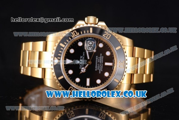 Rolex Submariner Swiss ETA 2836 Automatic Yellow Gold Case/Bracelet with Black Dial and Dot Markers (BP) - Click Image to Close