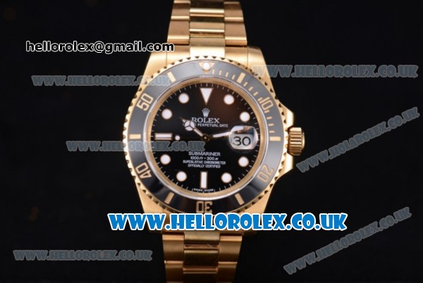Rolex Submariner Swiss ETA 2836 Automatic Yellow Gold Case/Bracelet with Black Dial and Dot Markers (BP) - Click Image to Close