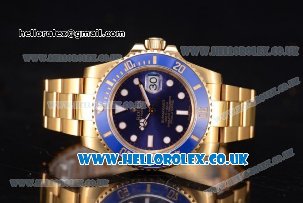 Rolex Submariner Swiss ETA 2836 Automatic Yellow Gold Case/Bracelet with Blue Dial and Dot Markers (BP) - Click Image to Close