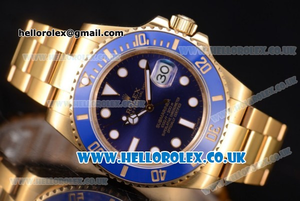 Rolex Submariner Swiss ETA 2836 Automatic Yellow Gold Case/Bracelet with Blue Dial and Dot Markers (BP) - Click Image to Close