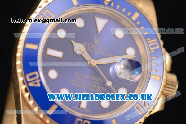 Rolex Submariner Swiss ETA 2836 Automatic Yellow Gold Case/Bracelet with Blue Dial and Dot Markers (BP) - Click Image to Close
