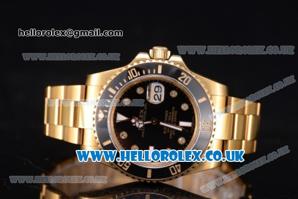 Rolex Submariner Swiss ETA 2836 Automatic Yellow Gold Case/Bracelet with Black Dial (BP) - Click Image to Close