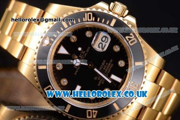 Rolex Submariner Swiss ETA 2836 Automatic Yellow Gold Case/Bracelet with Black Dial (BP) - Click Image to Close