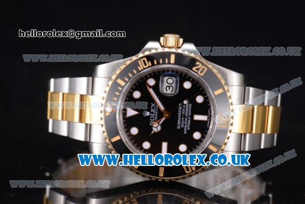 Rolex Submariner Swiss ETA 2836 Automatic Two Tone Case/Bracelet with Black Dial and Dot Markers (BP) - Click Image to Close