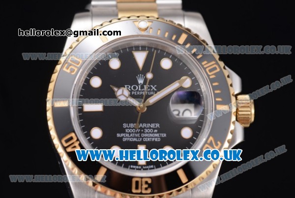 Rolex Submariner Swiss ETA 2836 Automatic Two Tone Case/Bracelet with Black Dial and Dot Markers (BP) - Click Image to Close
