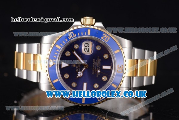 Rolex Submariner Swiss ETA 2836 Automatic Two Tone Case/Bracelet with Blue Dial and Dot Markers (BP) - Click Image to Close