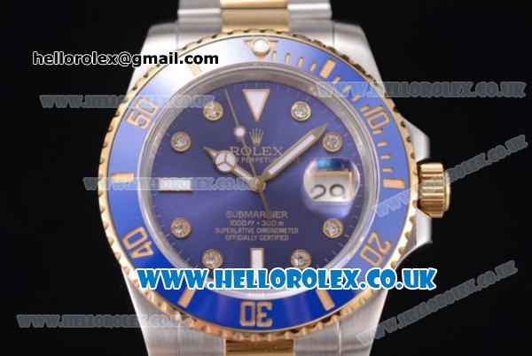 Rolex Submariner Swiss ETA 2836 Automatic Two Tone Case/Bracelet with Blue Dial and Dot Markers (BP) - Click Image to Close