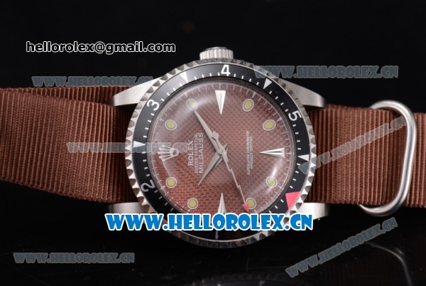 Rolex Milgauss Vintage Asia 2813 Automatic Steel Case with Brown Dial Dot Markers and Brown Nylon Strap - Click Image to Close