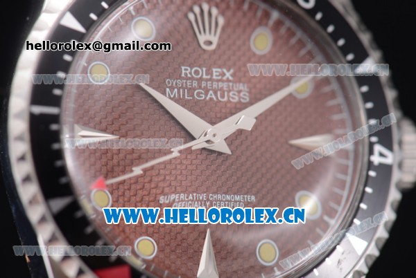 Rolex Milgauss Vintage Asia 2813 Automatic Steel Case with Brown Dial Dot Markers and Brown Nylon Strap - Click Image to Close