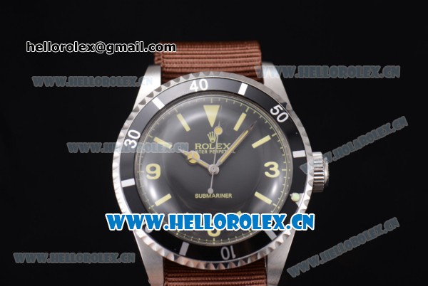 Rolex Submariner Vintage Asia 2813 Automatic Steel Case with Black Dial Stick/Arabic Number Markers and Brown Nylon Strap - Click Image to Close