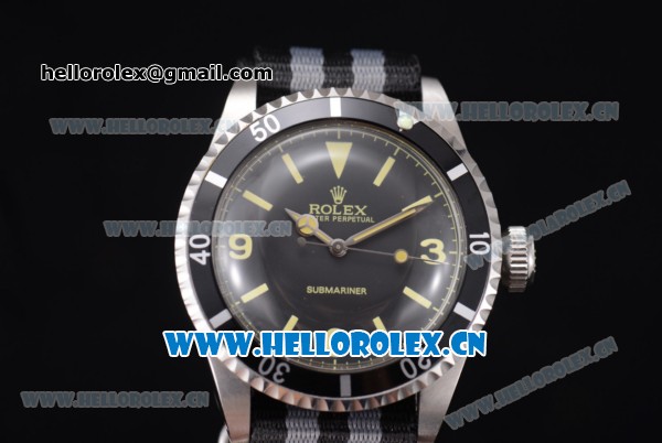 Rolex Submariner Vintage Asia 2813 Automatic Steel Case with Black Dial Stick/Arabic Number Markers and Black/Grey Nylon Strap - Click Image to Close