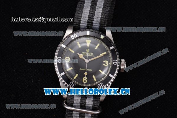 Rolex Submariner Vintage Asia 2813 Automatic Steel Case with Black Dial Stick/Arabic Number Markers and Black/Grey Nylon Strap - Click Image to Close