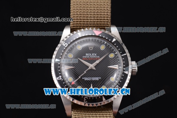 Rolex Milgauss Vintage Asia 2813 Automatic Steel Case with Black Dial Dot Markers and Green Army Nylon Strap - Click Image to Close