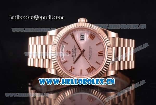 Rolex Day Date II Swiss ETA 2836 Automatic Rose Gold Case/Bracelet with Pink Dial and Roman Numeral Markers (BP) - Click Image to Close