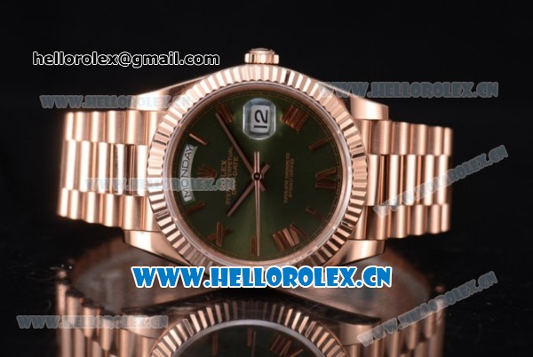 Rolex Day Date II Swiss ETA 2836 Automatic Rose Gold Case/Bracelet with Green Dial and Roman Numeral Markers (BP) - Click Image to Close