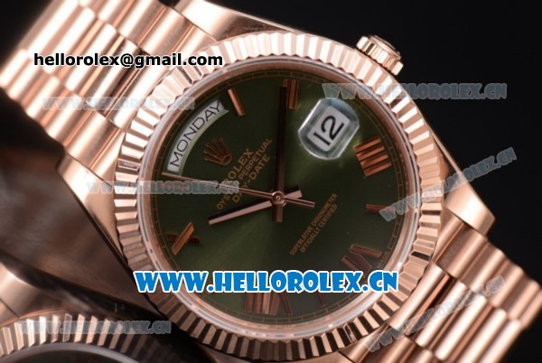 Rolex Day Date II Swiss ETA 2836 Automatic Rose Gold Case/Bracelet with Green Dial and Roman Numeral Markers (BP) - Click Image to Close