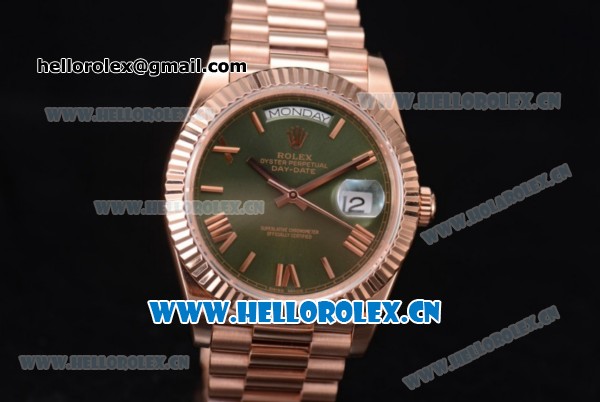 Rolex Day Date II Swiss ETA 2836 Automatic Rose Gold Case/Bracelet with Green Dial and Roman Numeral Markers (BP) - Click Image to Close