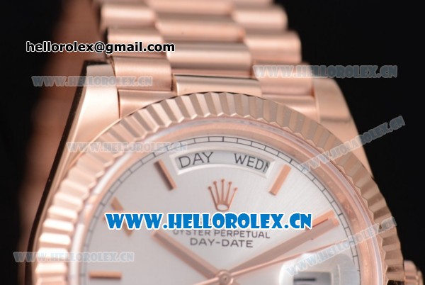 Rolex Day Date II Swiss ETA 2836 Automatic Rose Gold Case/Bracelet with Silver Dial and Roman Numeral Markers (BP) - Click Image to Close
