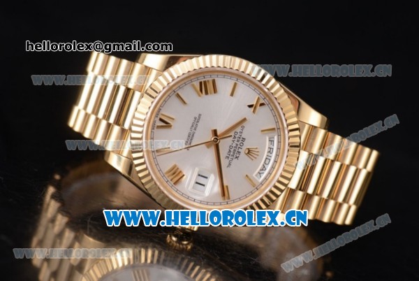 Rolex Day Date II Swiss ETA 2836 Automatic Yellow Gold Case/Bracelet with Silver Dial and Roman Numeral Markers (BP) - Click Image to Close