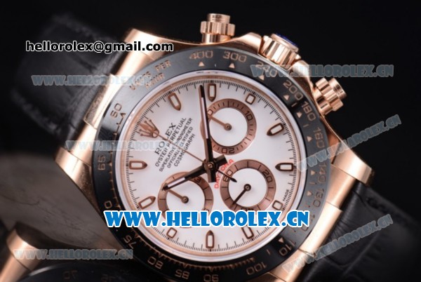 Rolex Daytona Clone Rolex 4130 Automatic Rose Gold Case with White Dial Black Leather Strap and Stick Markers (EF) - Click Image to Close