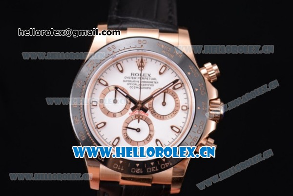 Rolex Daytona Clone Rolex 4130 Automatic Rose Gold Case with White Dial Black Leather Strap and Stick Markers (EF) - Click Image to Close