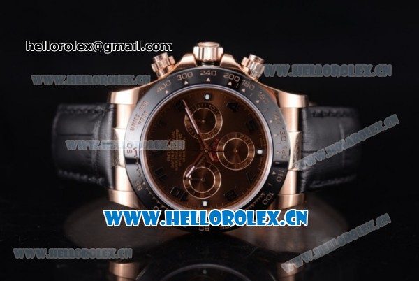 Rolex Daytona Clone Rolex 4130 Automatic Rose Gold Case with Brown Dial Black Leather Strap and Stick Markers (EF) - Click Image to Close