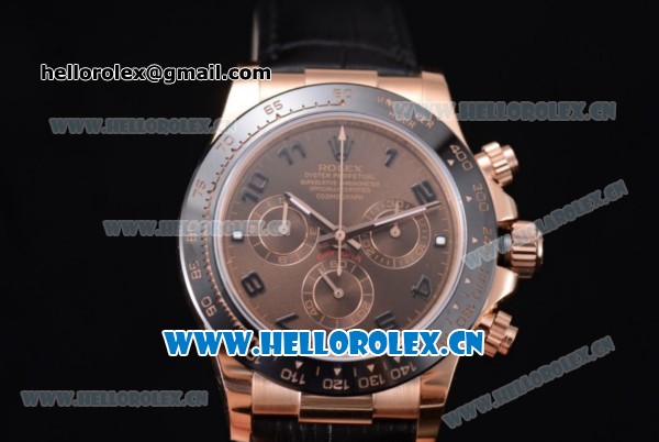 Rolex Daytona Clone Rolex 4130 Automatic Rose Gold Case with Brown Dial Black Leather Strap and Stick Markers (EF) - Click Image to Close
