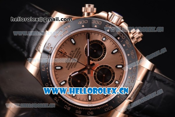 Rolex Daytona Clone Rolex 4130 Automatic Rose Gold Case with Rose Gold Dial Black Leather Strap and Stick Markers (EF) - Click Image to Close