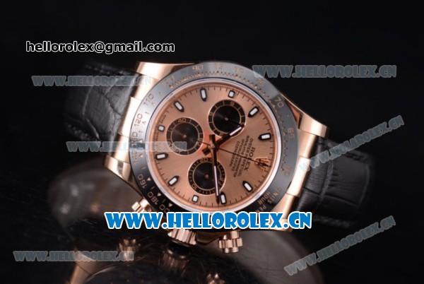 Rolex Daytona Clone Rolex 4130 Automatic Rose Gold Case with Rose Gold Dial Black Leather Strap and Stick Markers (EF) - Click Image to Close