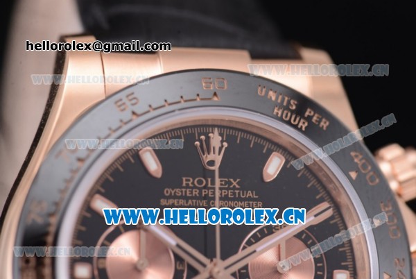 Rolex Daytona Clone Rolex 4130 Automatic Rose Gold Case with Black Black Leather Strap and Stick Markers - 1:1 Original (EF) - Click Image to Close