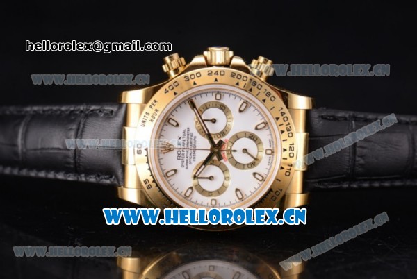 Rolex Cosmograph Daytona Clone Rolex 4130 Automatic Yellow Gold Case with White Dial Stick Markers and Black Leather Strap (EF) - Click Image to Close