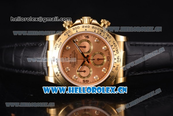 Rolex Cosmograph Daytona Clone Rolex 4130 Automatic Yellow Gold Case with Rose Gold Dial Diamonds Markers and Black Leather Strap (EF) - Click Image to Close