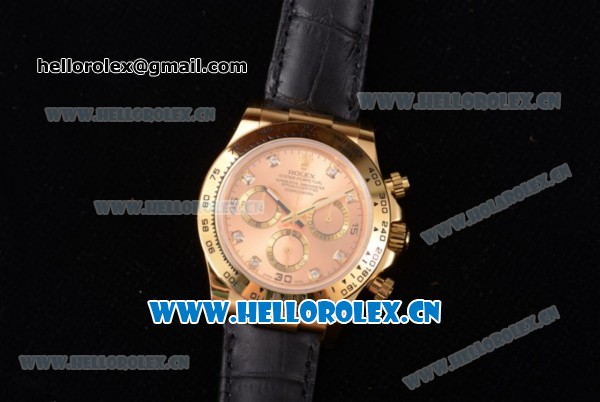 Rolex Cosmograph Daytona Clone Rolex 4130 Automatic Yellow Gold Case with Rose Gold Dial Diamonds Markers and Black Leather Strap (EF) - Click Image to Close