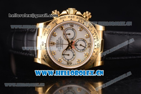 Rolex Cosmograph Daytona Clone Rolex 4130 Automatic Yellow Gold Case with White Dial Diamonds Markers and Black Leather Strap (EF) - Click Image to Close