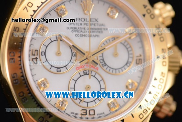 Rolex Cosmograph Daytona Clone Rolex 4130 Automatic Yellow Gold Case with White Dial Diamonds Markers and Black Leather Strap (EF) - Click Image to Close