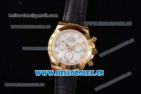 Rolex Cosmograph Daytona Clone Rolex 4130 Automatic Yellow Gold Case with White Dial Diamonds Markers and Black Leather Strap (EF) - Click Image to Close