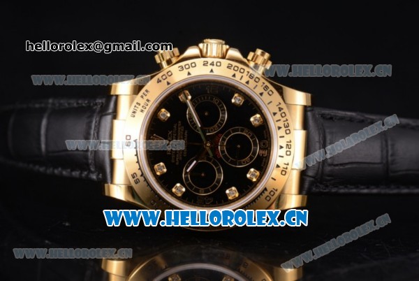 Rolex Cosmograph Daytona Clone Rolex 4130 Automatic Yellow Gold Case with Black Dial Diamonds Markers and Black Leather Strap (EF) - Click Image to Close