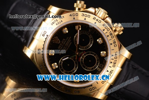 Rolex Cosmograph Daytona Clone Rolex 4130 Automatic Yellow Gold Case with Black Dial Diamonds Markers and Black Leather Strap (EF) - Click Image to Close
