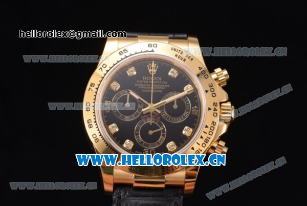 Rolex Cosmograph Daytona Clone Rolex 4130 Automatic Yellow Gold Case with Black Dial Diamonds Markers and Black Leather Strap (EF) - Click Image to Close