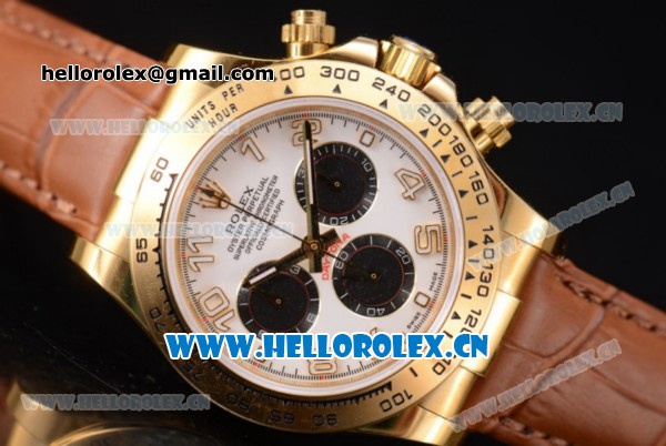 Rolex Cosmograph Daytona Clone Rolex 4130 Automatic Yellow Gold Case with White Dial Arabic Numeral Markers and Brown Leather Strap (EF) - Click Image to Close