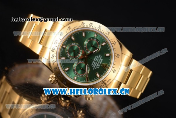 Rolex Cosmograph Daytona Clone Rolex 4130 Automatic Yellow Gold Case/Bracelet with Green Dial and Stick Markers - 1:1 Original (EF) - Click Image to Close
