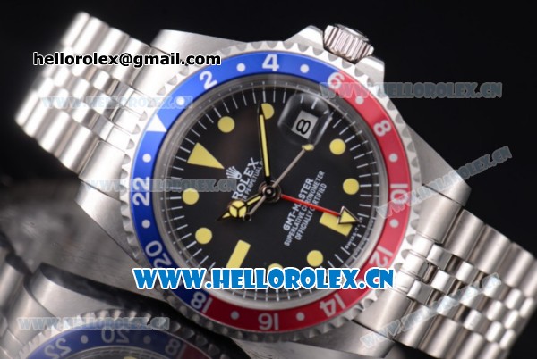 Rolex GMT-Master Vintage Asia 2813 Automatic Stainless Steel Case/Bracelet with Black Dial Blue/Red Bezel and Dot Markers - Click Image to Close