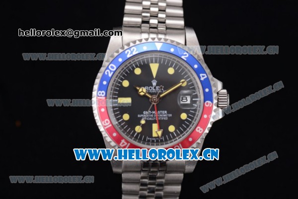 Rolex GMT-Master Vintage Asia 2813 Automatic Stainless Steel Case/Bracelet with Black Dial Blue/Red Bezel and Dot Markers - Click Image to Close