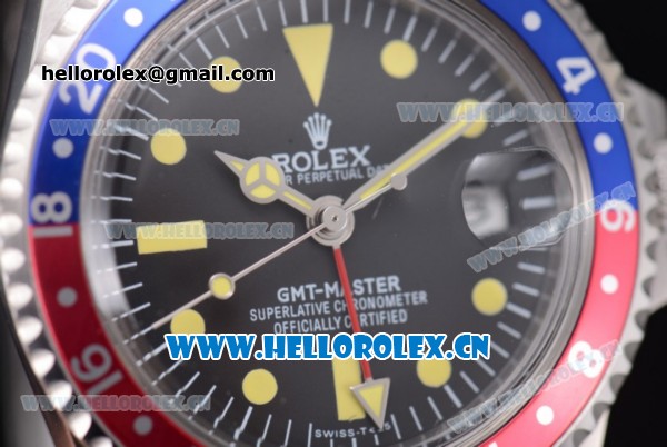 Rolex GMT-Master Vintage Asia 2813 Automatic Stainless Steel Case/Bracelet with Black Dial Blue/Red Bezel and Dot Markers - Click Image to Close