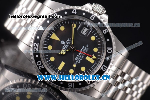 Rolex GMT-Master Vintage Asia 2813 Automatic Stainless Steel Case/Bracelet with Black Dial Black Bezel and Dot Markers - Click Image to Close